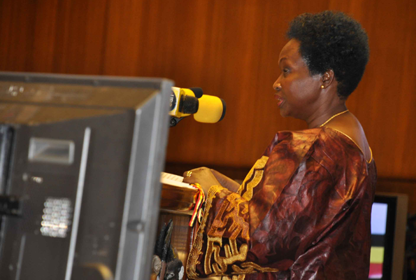 Ms Kiwanuka delivering the 2012/13 Budget. The minister is this afternoon expected to read the 2013/14 Budget is believed to have been derived from tough decisions as the government seeks to plug a huge deficit gap. PHOTO BY GEOFFREY SSERUYANGE. 
