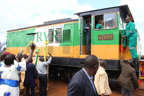 President Museveni (in hat) flags off the Rift Valley Railway operations at the weekend in Gulu District. Photo by Cissy Makumbi. 