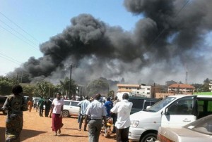 Black smoke billowing from Crest foam mattress factory. (Courtesy Daily Monitor)