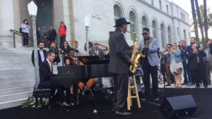 Los Angeles Mayor Eric Garcetti played piano with a jazz band on the steps of City Hall on Tuesday in honor of "La La Land."