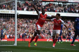Danny Welbeck celebrates after his headed goal doubled Arsenal's lead just over two minutes after Granit Xhaka's opener